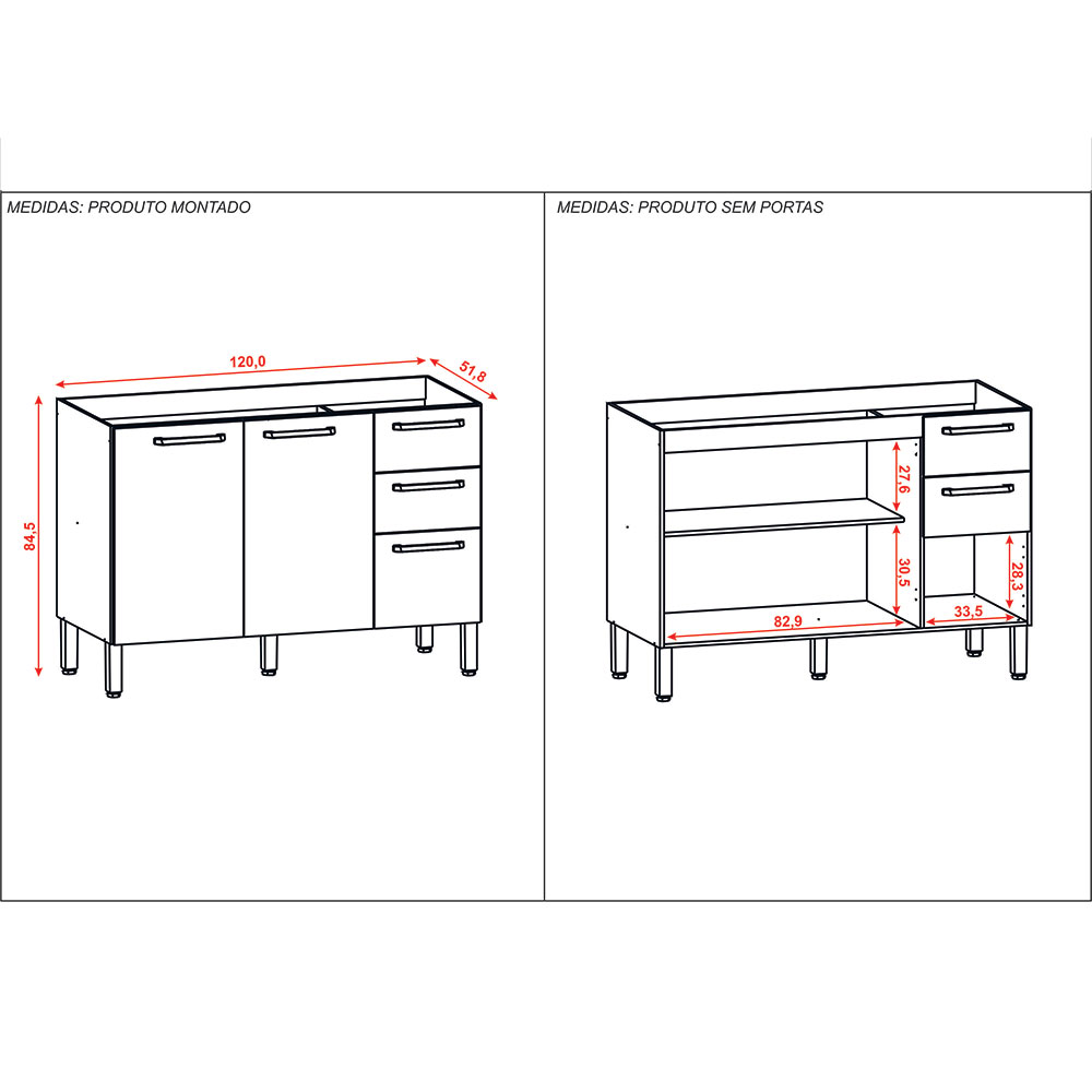 Balcão Gabinete para Cozinha 2 Portas e 3 Gavetas Tati Branco - Pallazio