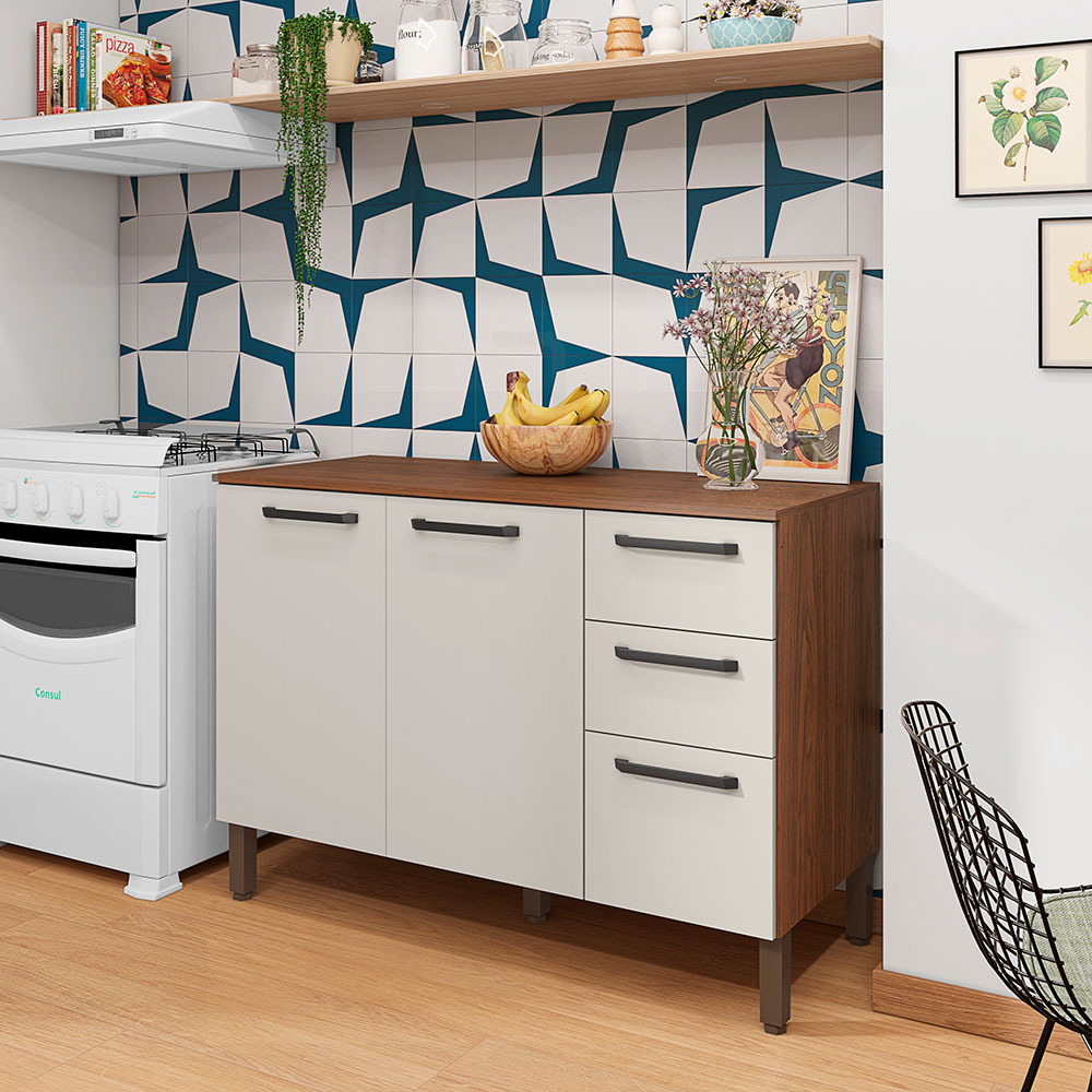 Balcão Gabinete para Cozinha 2 Portas e 3 Gavetas Tati Castanho/Off White - Pallazio