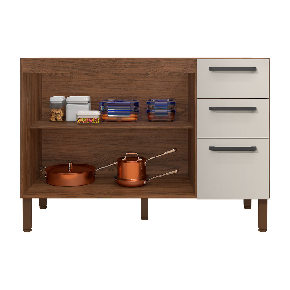 Balcão Gabinete para Cozinha 2 Portas e 3 Gavetas Tati Castanho/Off White - Pallazio