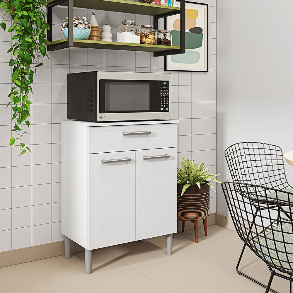 Balcão Multiuso para Forno Microondas 2 Portas e 1 Gaveta Diamond Branco - Pallazio