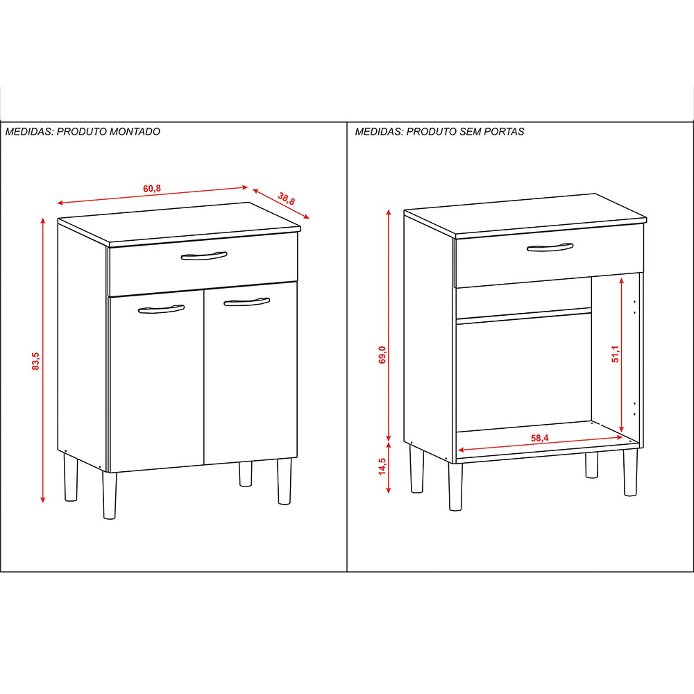 Balcão Multiuso para Forno Microondas 2 Portas e 1 Gaveta Diamond Branco - Pallazio