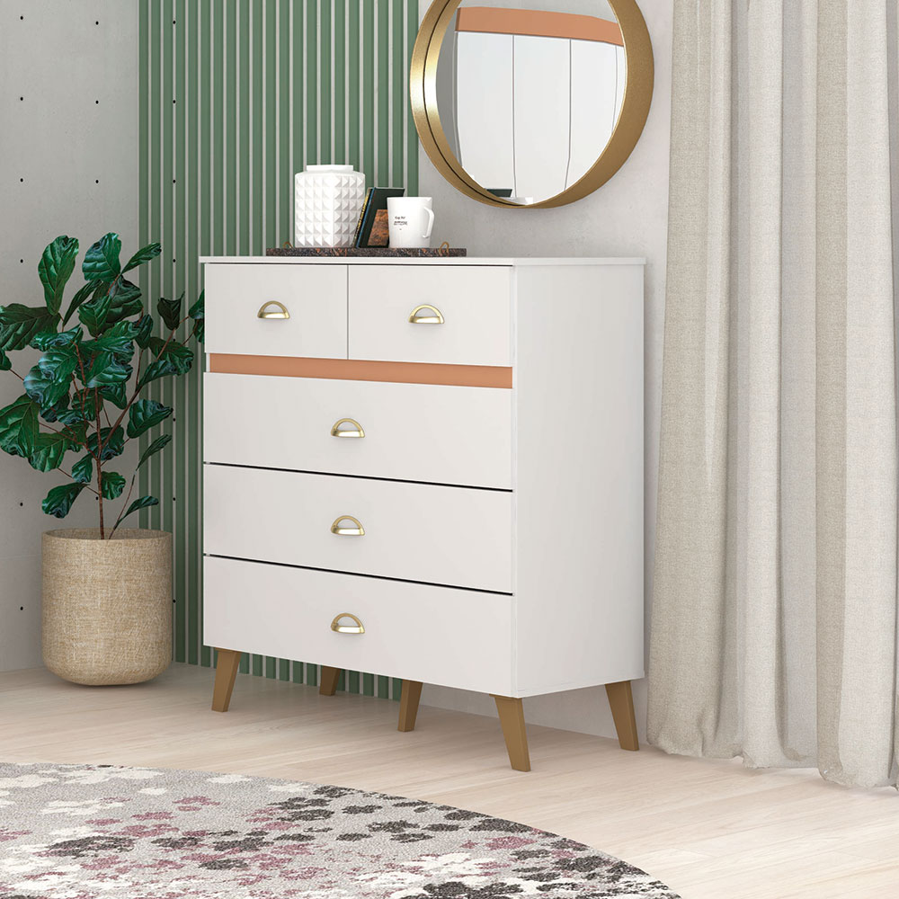 Cômoda para Quarto 05 Gavetas Milão Branco/Camarim - Pallazio