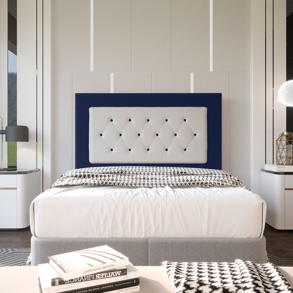 Cabeceira Casal 1,40m Havana Suede Azul com Corino Branco - Pallazio