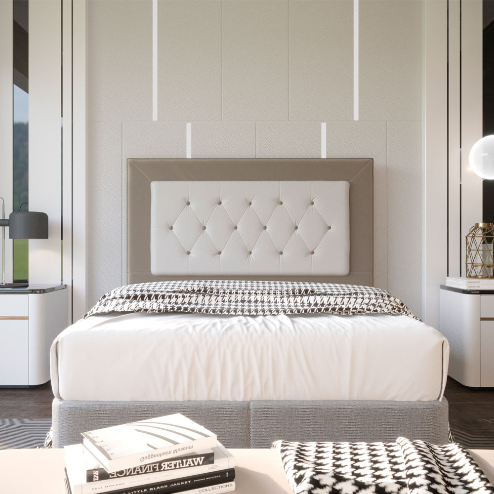 Cabeceira Casal 1,40m Havana Suede Bege com Corino Branco - Pallazio