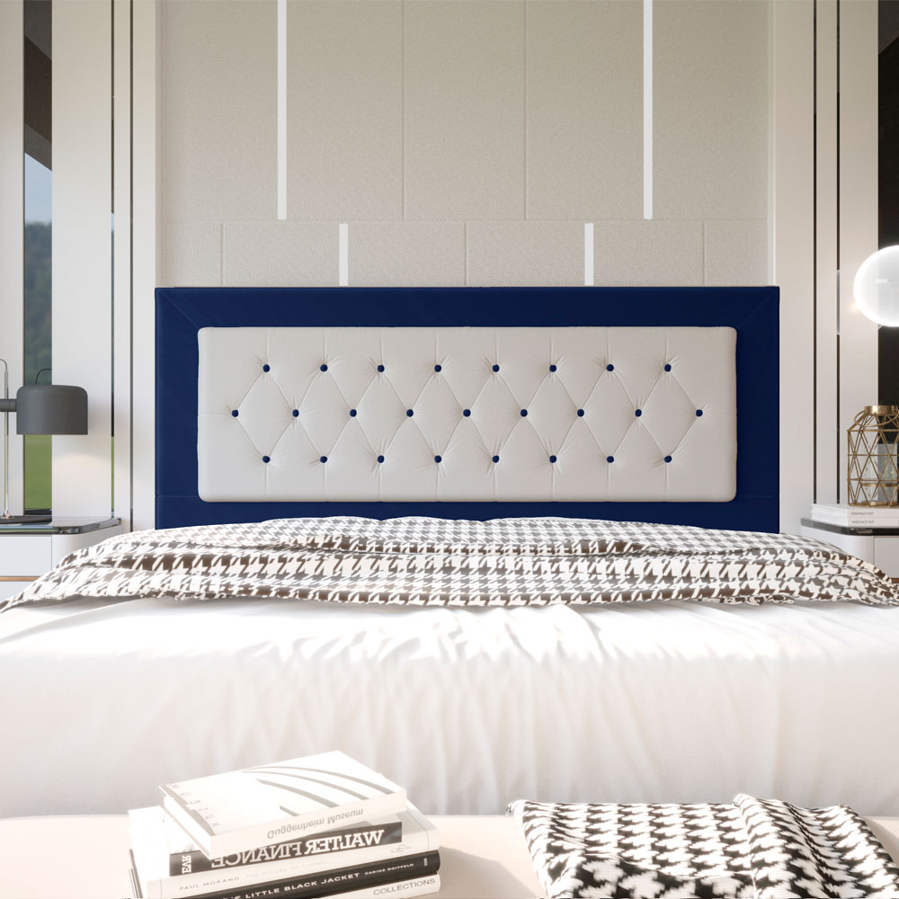 Cabeceira King 1,95m Havana Suede Azul com Corino Branco - Pallazio