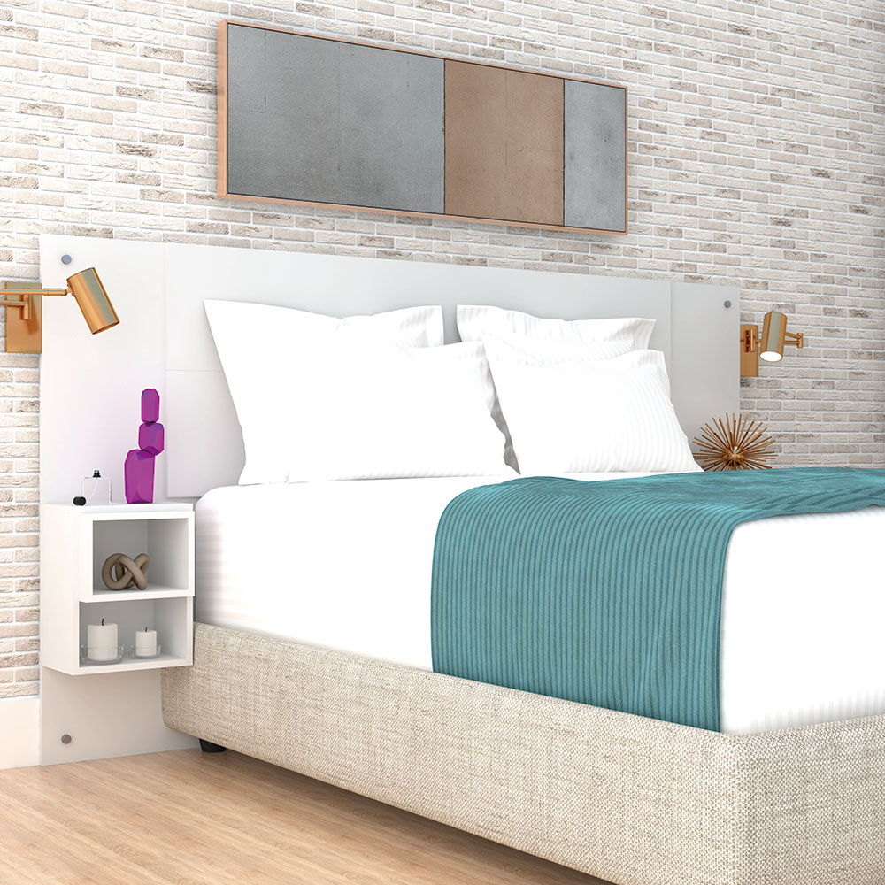 Cabeceira Painel Casal Regulável com Mesas de Apoio Luxo Branco - Pallazio