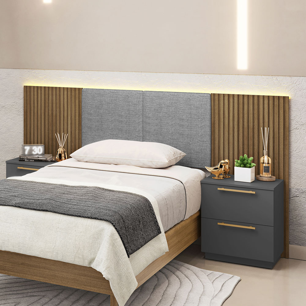 Cabeceira Painel Casal Ripado Nature e Linho Cinza Sevilha 273 cm - Pallazio