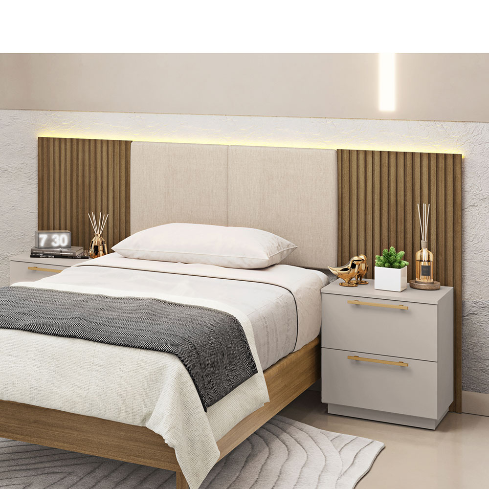 Cabeceira Painel Solteiro Ripado Nature e Linho Bege Sevilha 203 cm - Pallazio