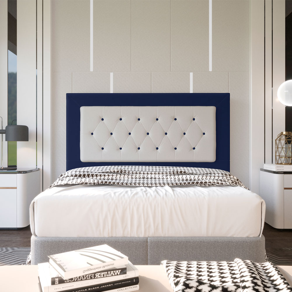 Cabeceira Queen 1,60m Havana Suede Azul com Corino Branco - Pallazio