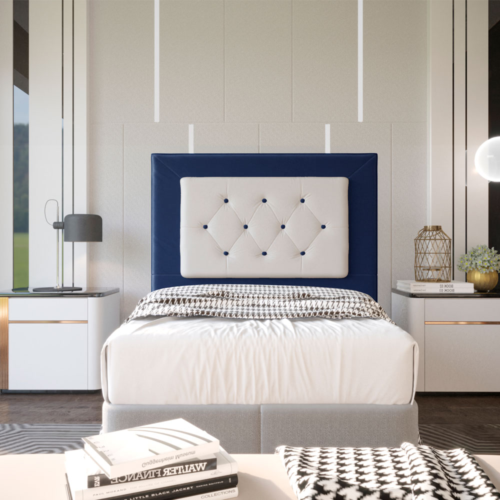 Cabeceira Solteiro 0,90m Havana Suede Azul com Corino Branco - Pallazio