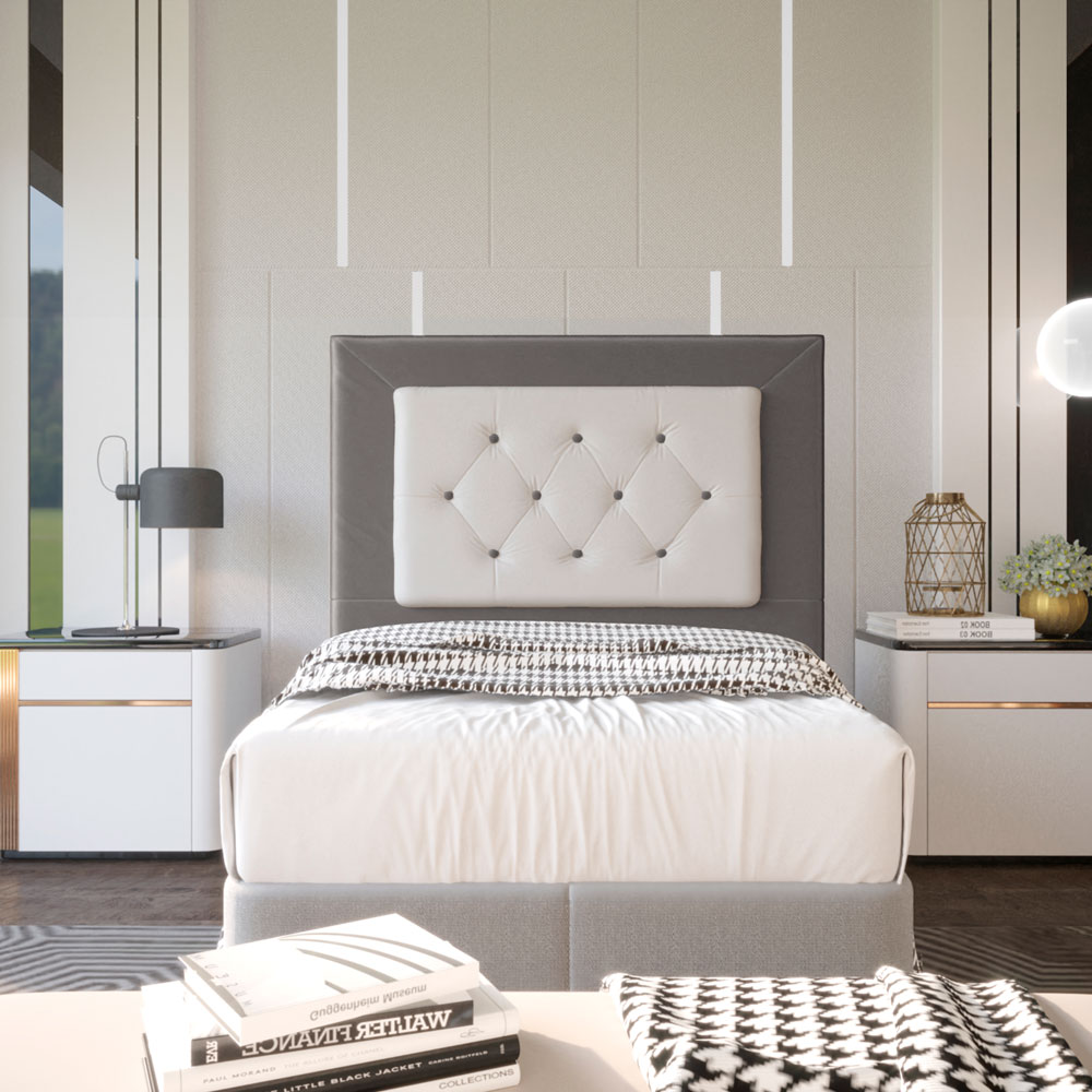 Cabeceira Solteiro 0,90m Havana Suede Cinza com Corino Branco - Pallazio