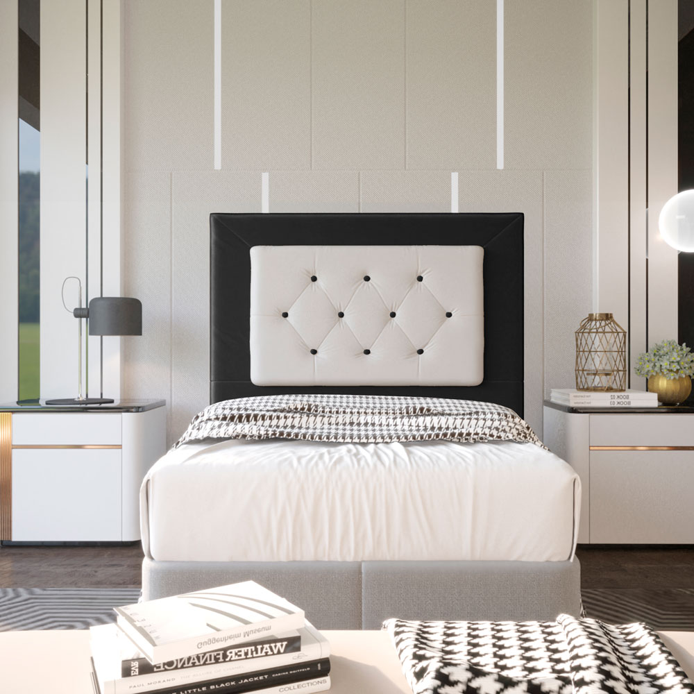 Cabeceira Solteiro 0,90m Havana Suede Preto com Corino Branco - Pallazio