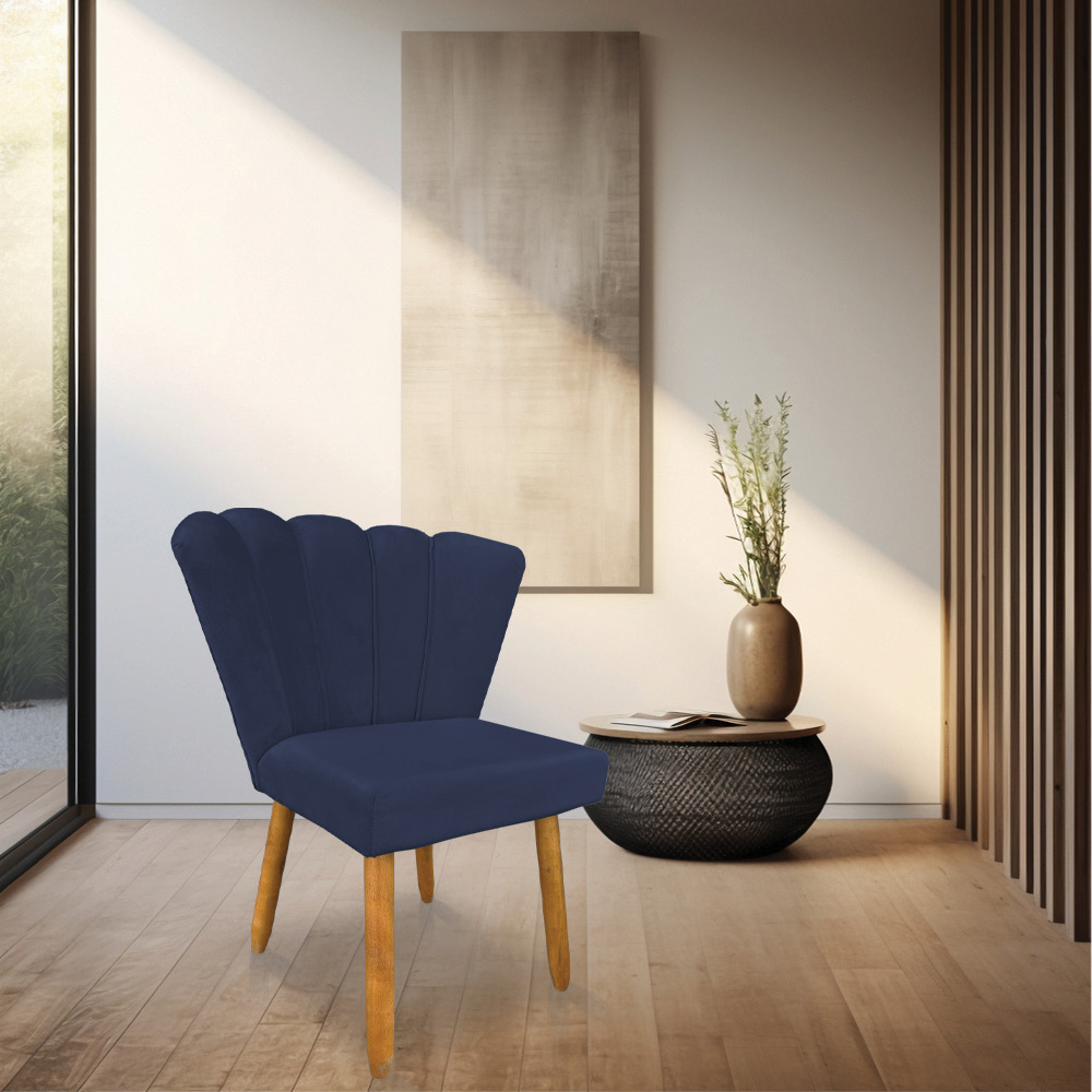 Cadeira Poltrona Flor Veludo Azul Marinho  Pés Palito Castanho - Pallazio