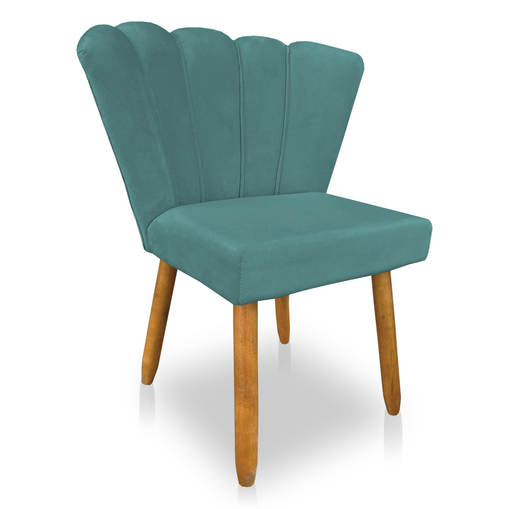 Cadeira Poltrona Flor Veludo Azul Turquesa Pés Palito Castanho - Pallazio