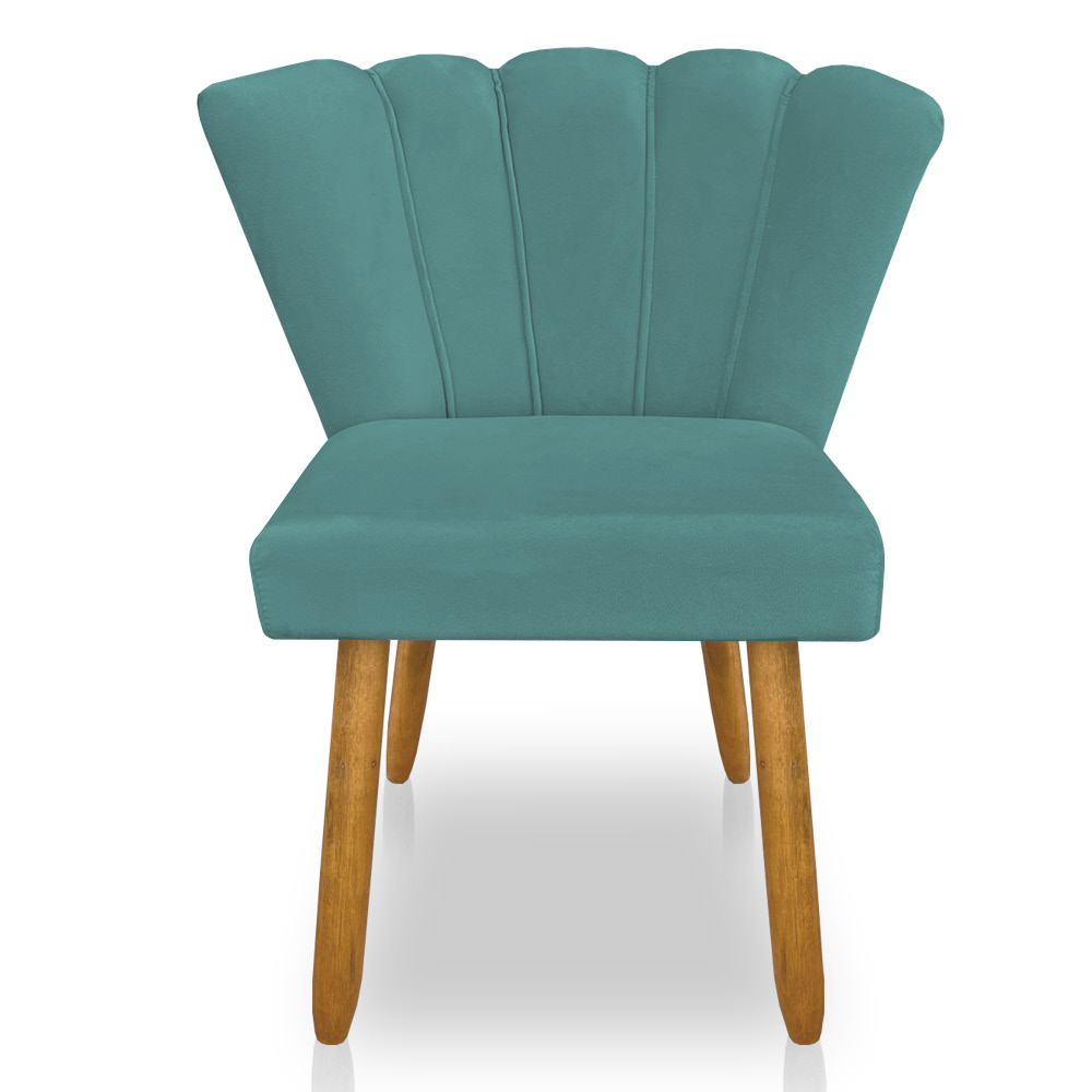 Cadeira Poltrona Flor Veludo Azul Turquesa Pés Palito Castanho - Pallazio