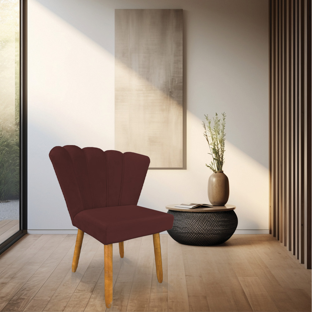 Cadeira Poltrona Flor Veludo Marsala Pés Palito Castanho - Pallazio