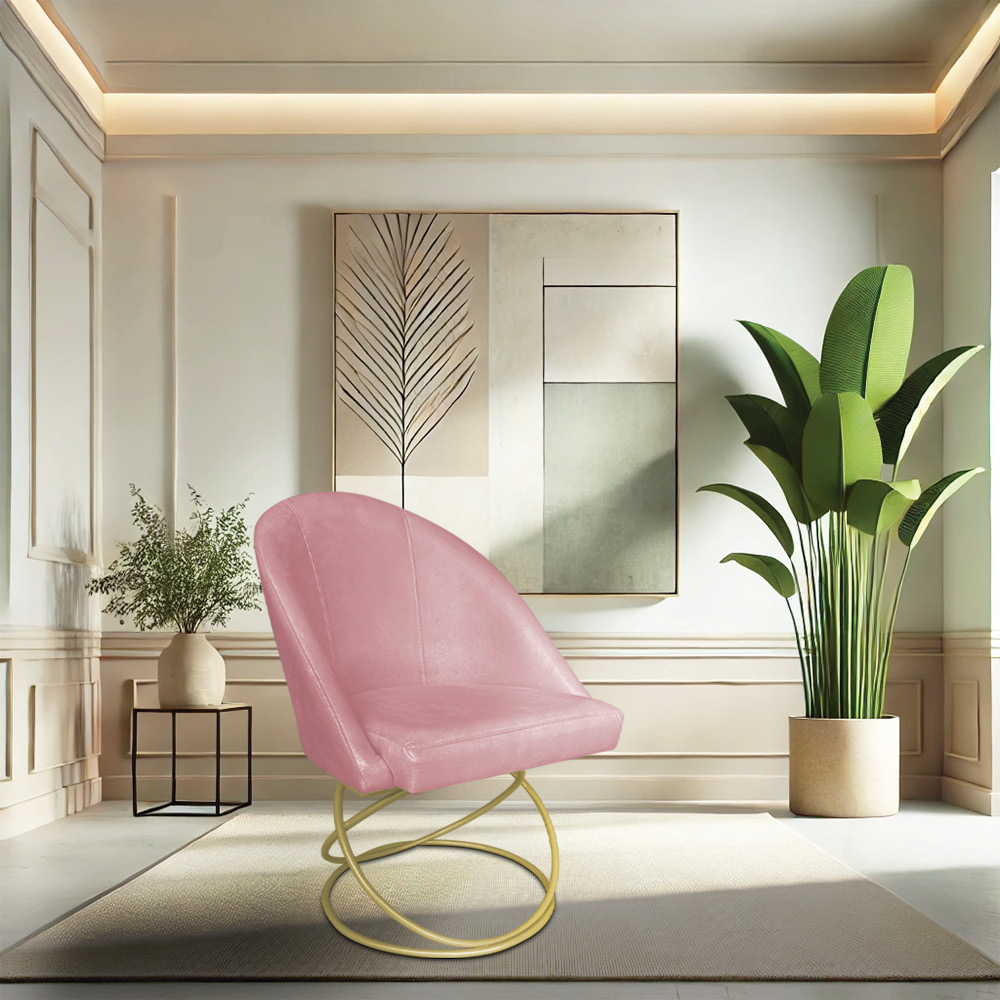 Cadeira Poltrona de Jantar Bela Veludo Rosê Base Metálica Luxo Dourado - Pallazio