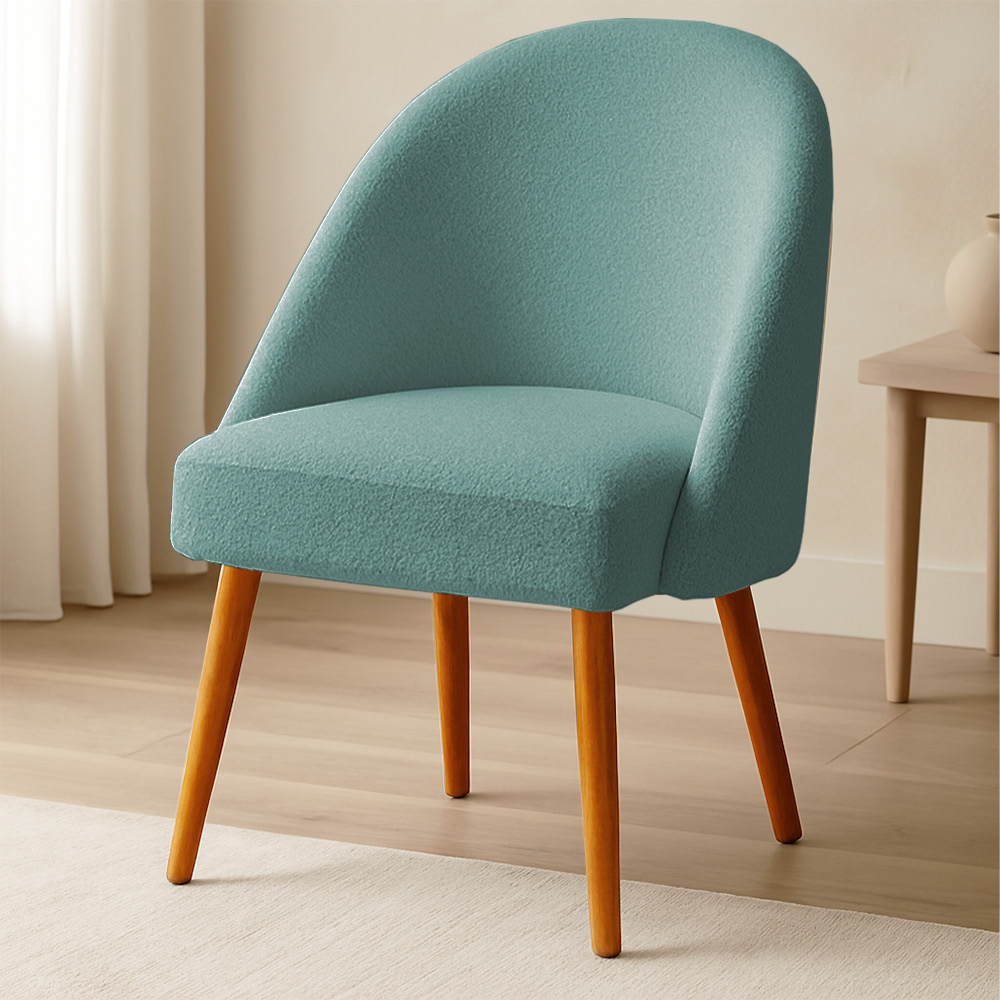 Cadeira Poltrona de Jantar Estofada Luna Boucle Azul Majestic Pés Palito Castanho - Pallazio