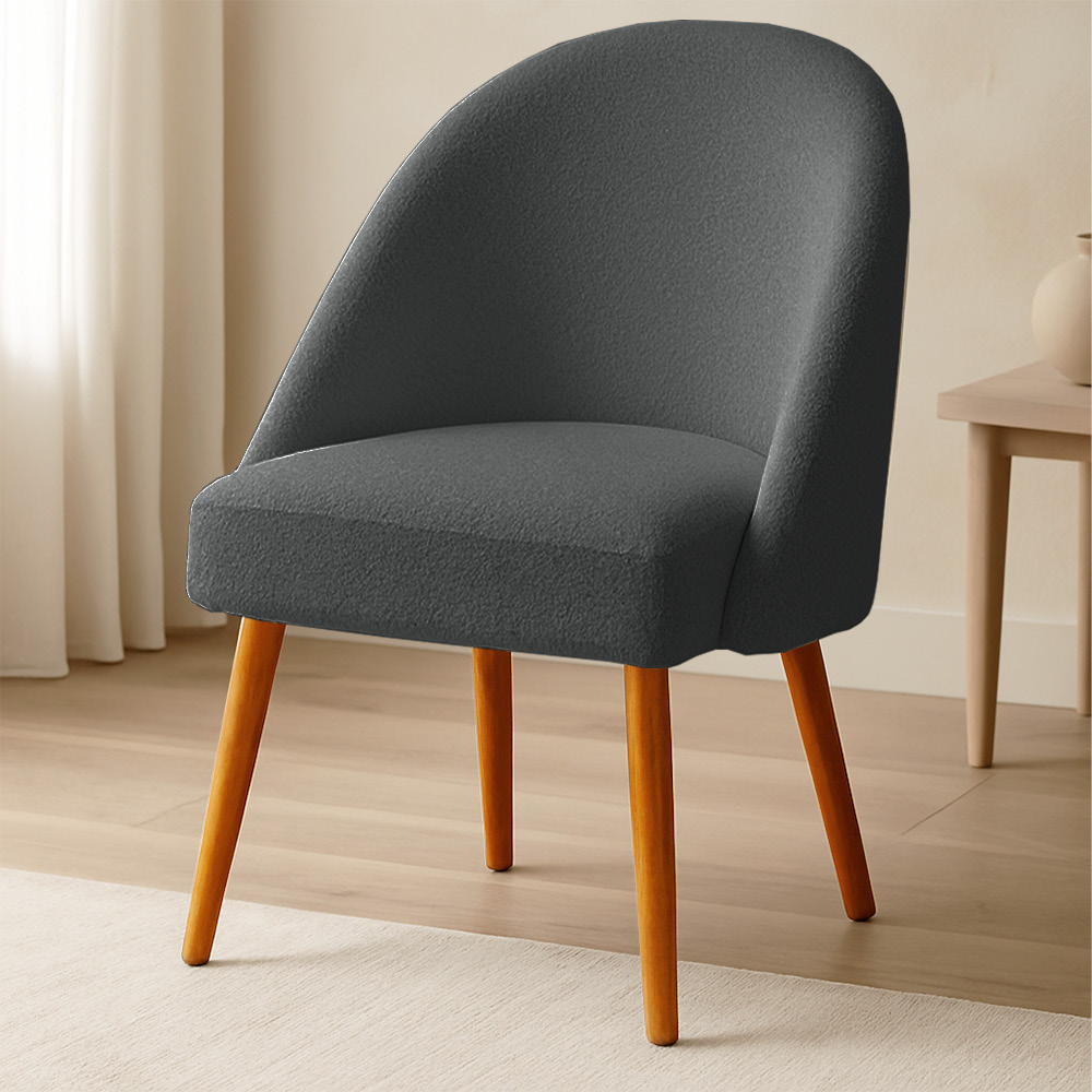 Cadeira Poltrona de Jantar Estofada Luna Boucle Grafite Pés Palito Castanho - Pallazio