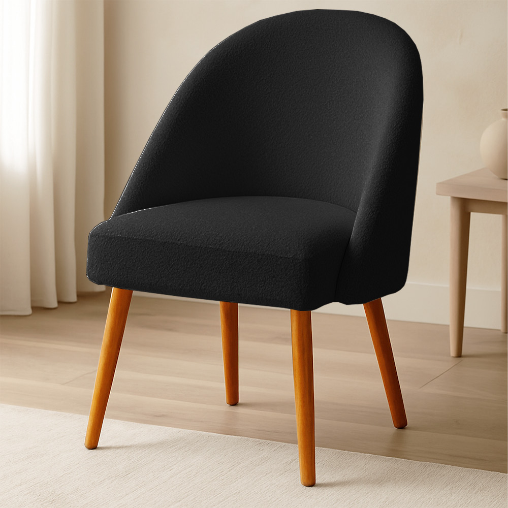 Cadeira Poltrona de Jantar Estofada Luna Boucle Preto Pés Palito Castanho - Pallazio