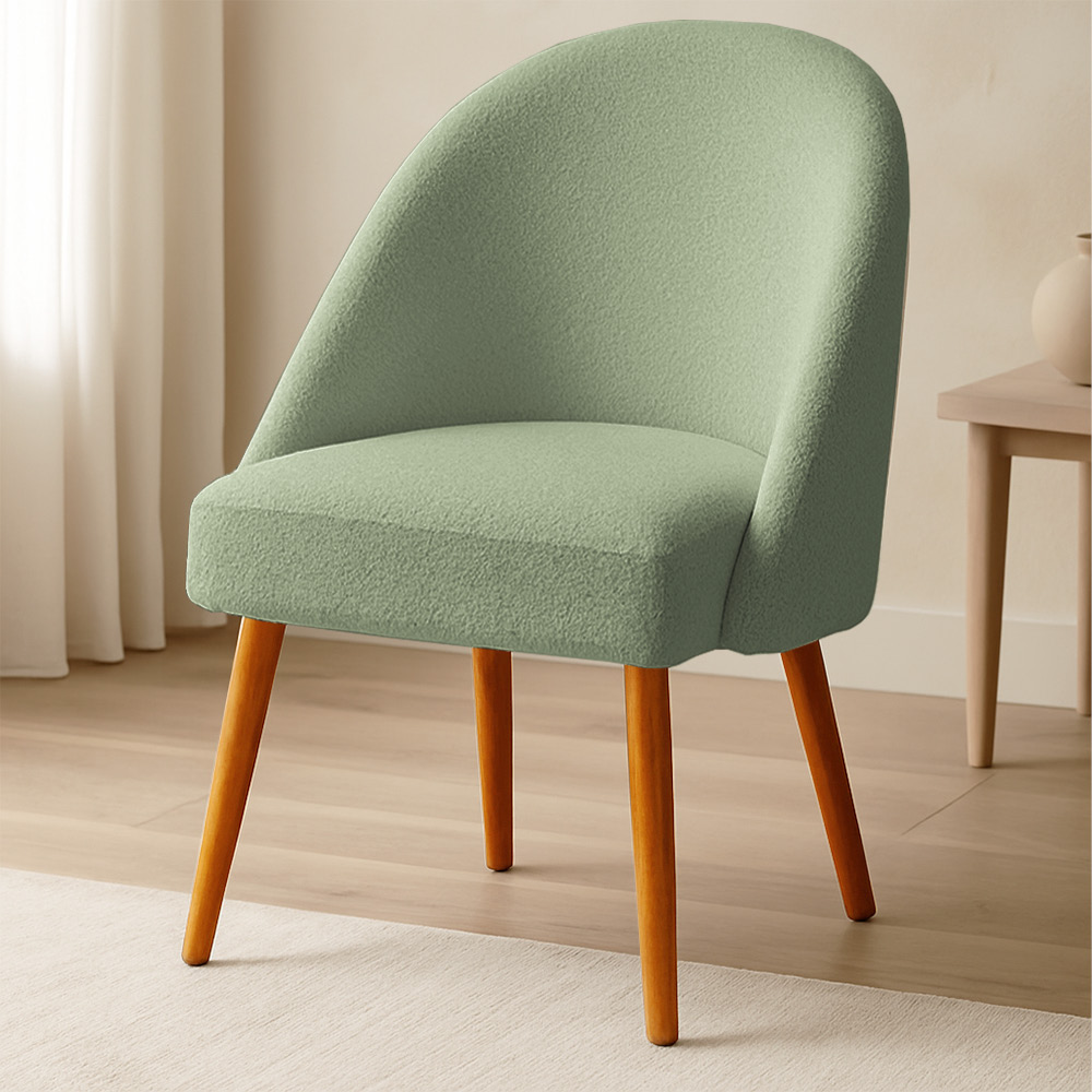 Cadeira Poltrona de Jantar Estofada Luna Boucle Verde Pistache Pés Palito Castanho - Pallazio