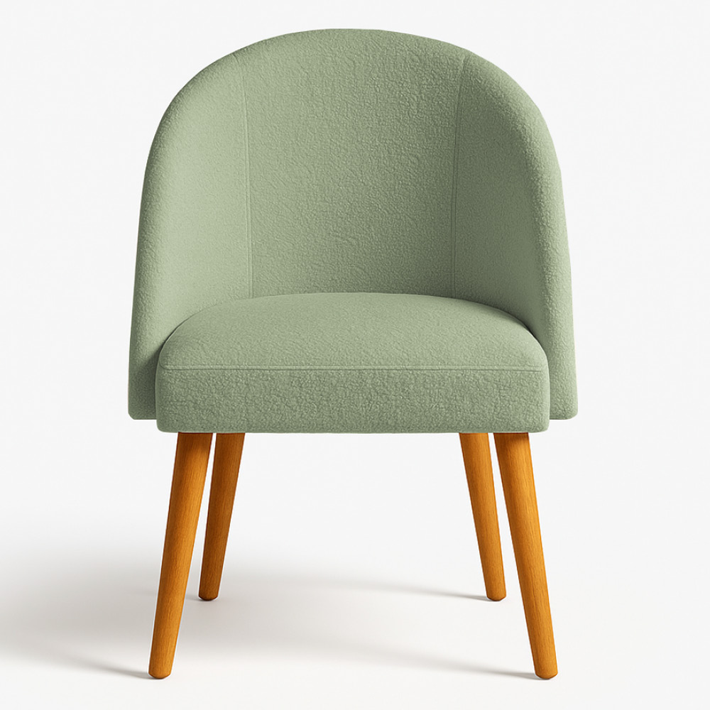Cadeira Poltrona de Jantar Estofada Luna Boucle Verde Pistache Pés Palito Castanho - Pallazio