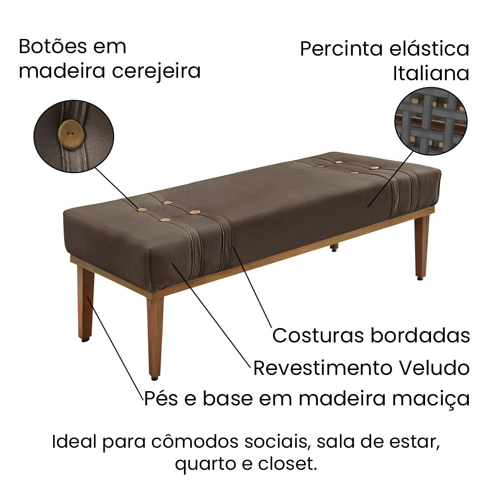 Calçadeira Recamier Casal 1,40m Gênova Veludo Marrom - Pallazio
