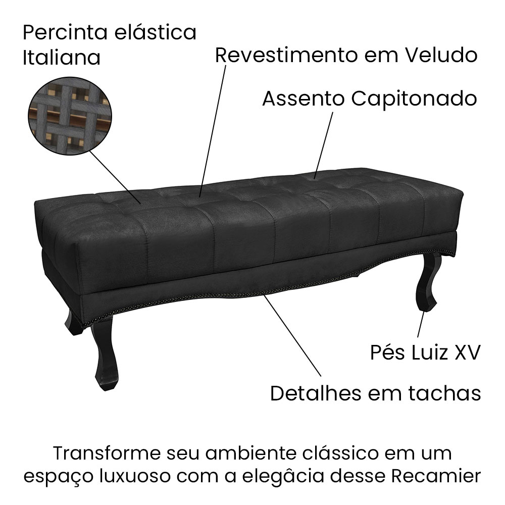 Calçadeira Recamier King 1,95m Vicenza Veludo Preto - Pallazio