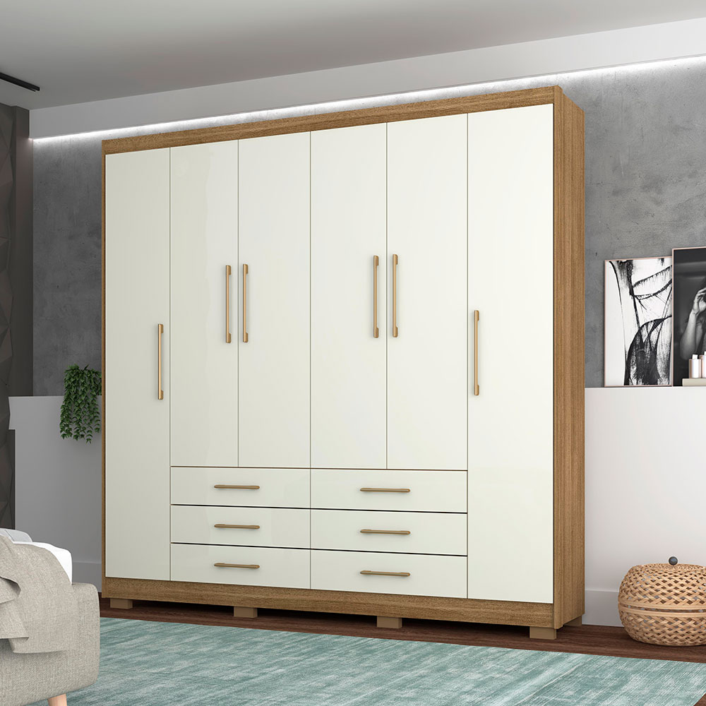 Guarda Roupa Casal 6 Portas e 6 Gavetas Toronto Nature/Champanhe - Pallazio