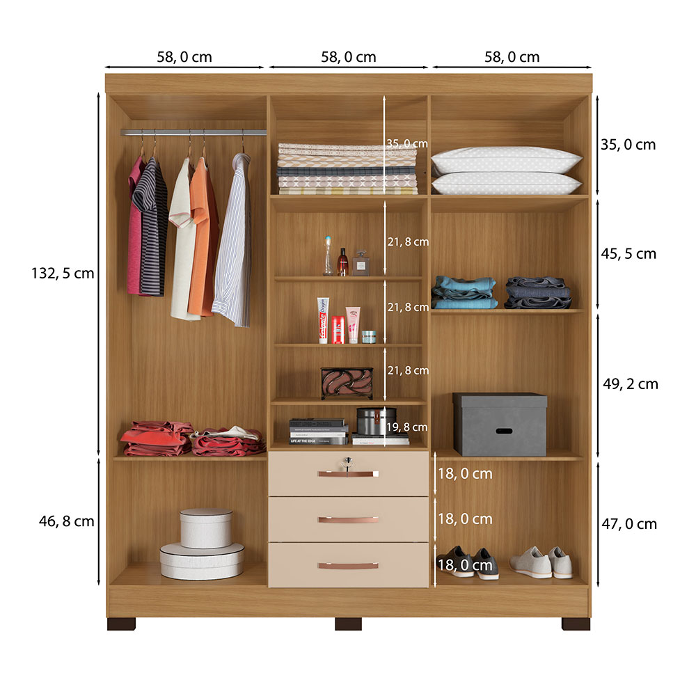 Guarda Roupa Casal com Espelho 6 Portas Porto Carvalho/Off White - Pallazio