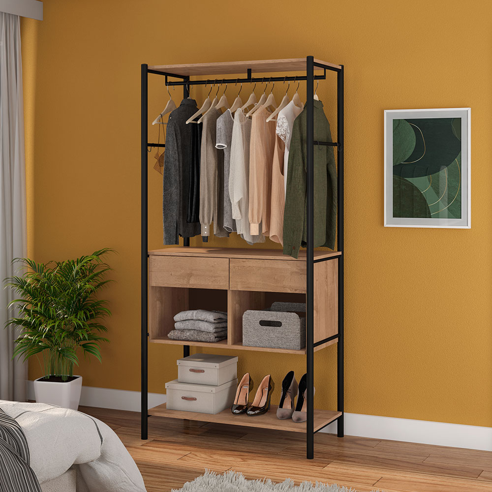 Guarda Roupa Closet Industrial 2 Gavetas Veneza Preto/Demolição 90cm - Pallazio