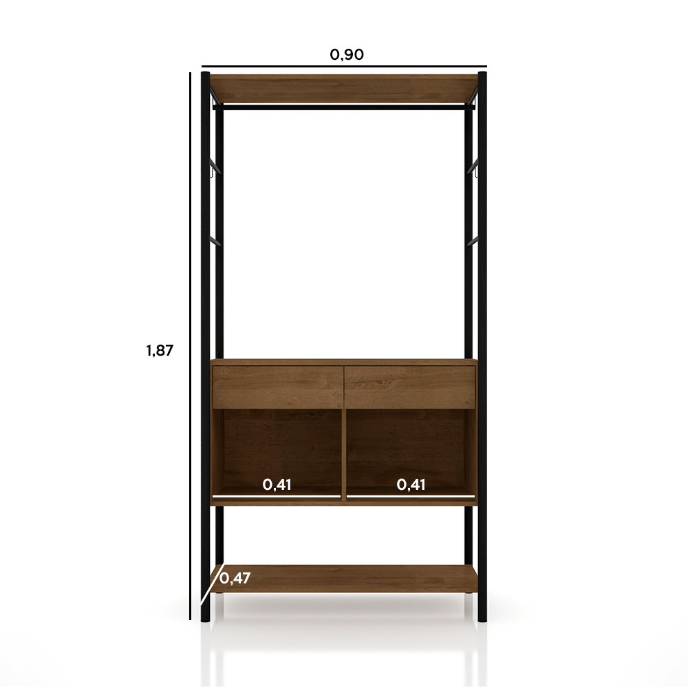 Guarda Roupa Closet Industrial 2 Gavetas Veneza Preto/Demolição 90cm - Pallazio
