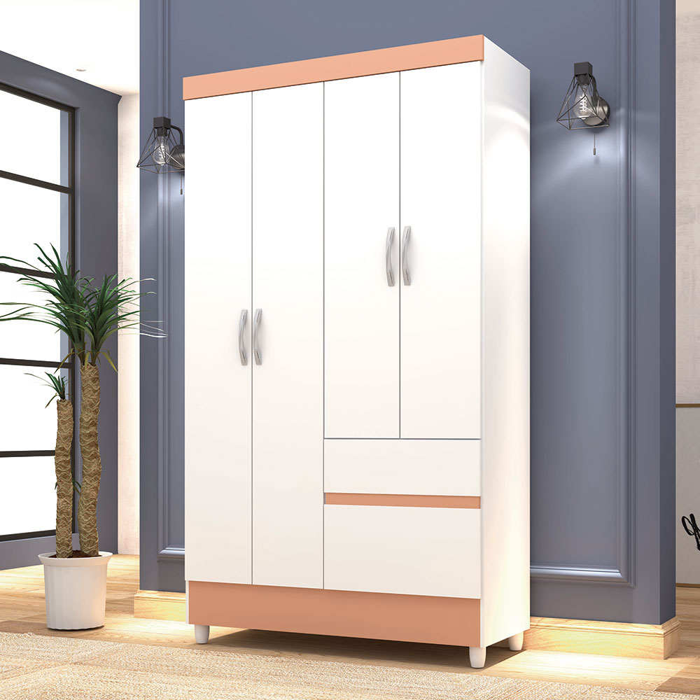 Guarda Roupa Solteiro 4 Portas 102 cm Rio Plus Branco/Camarim - Pallazio