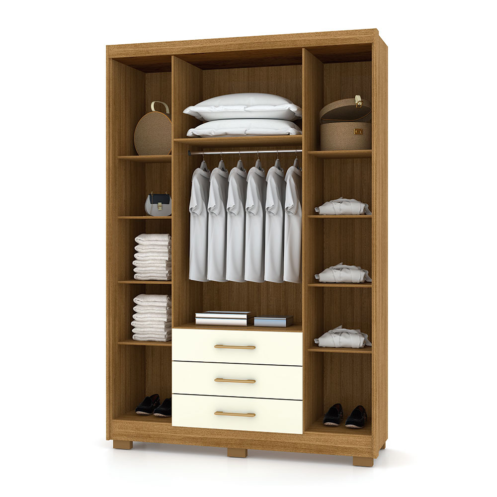 Guarda Roupa Solteiro 4 Portas e 3 Gavetas Valência Nature/Champanhe - Pallazio
