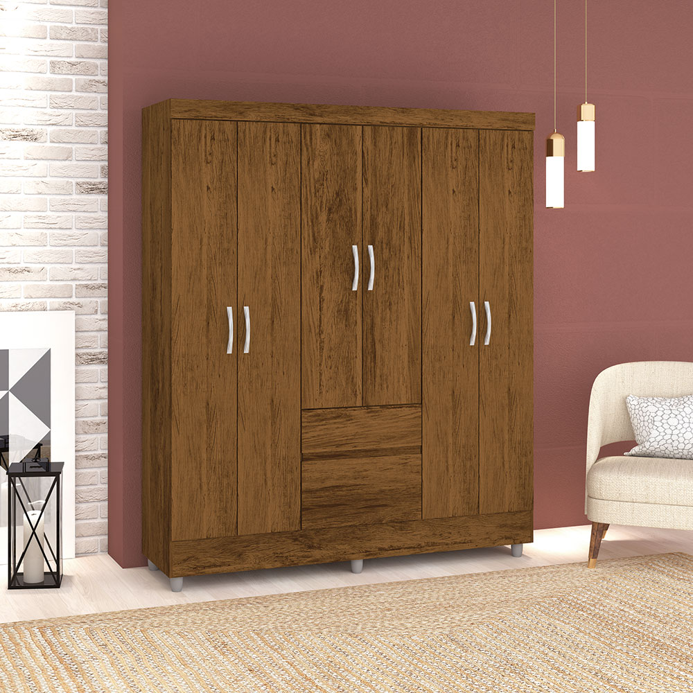 Guarda Roupa Solteiro 6 Portas 153 cm Rio Plus Imbuia/Champanhe - Pallazio