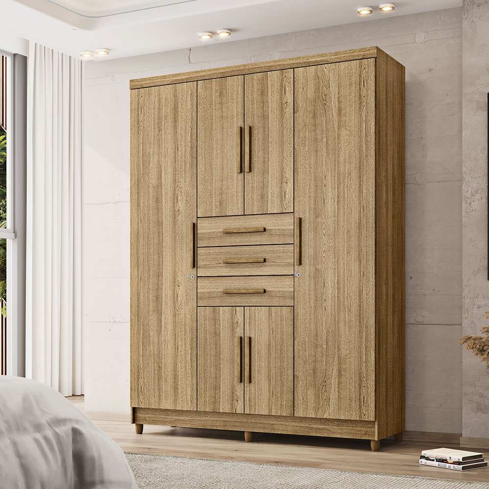 Guarda Roupa Solteiro 6 Portas e 3 Gavetas Imperial Nature - Pallazio