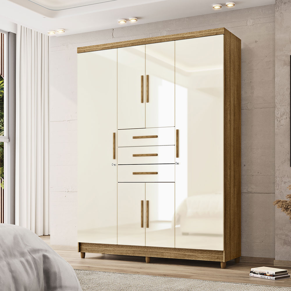 Guarda Roupa Solteiro 6 Portas e 3 Gavetas Imperial Nature/Champanhe - Pallazio