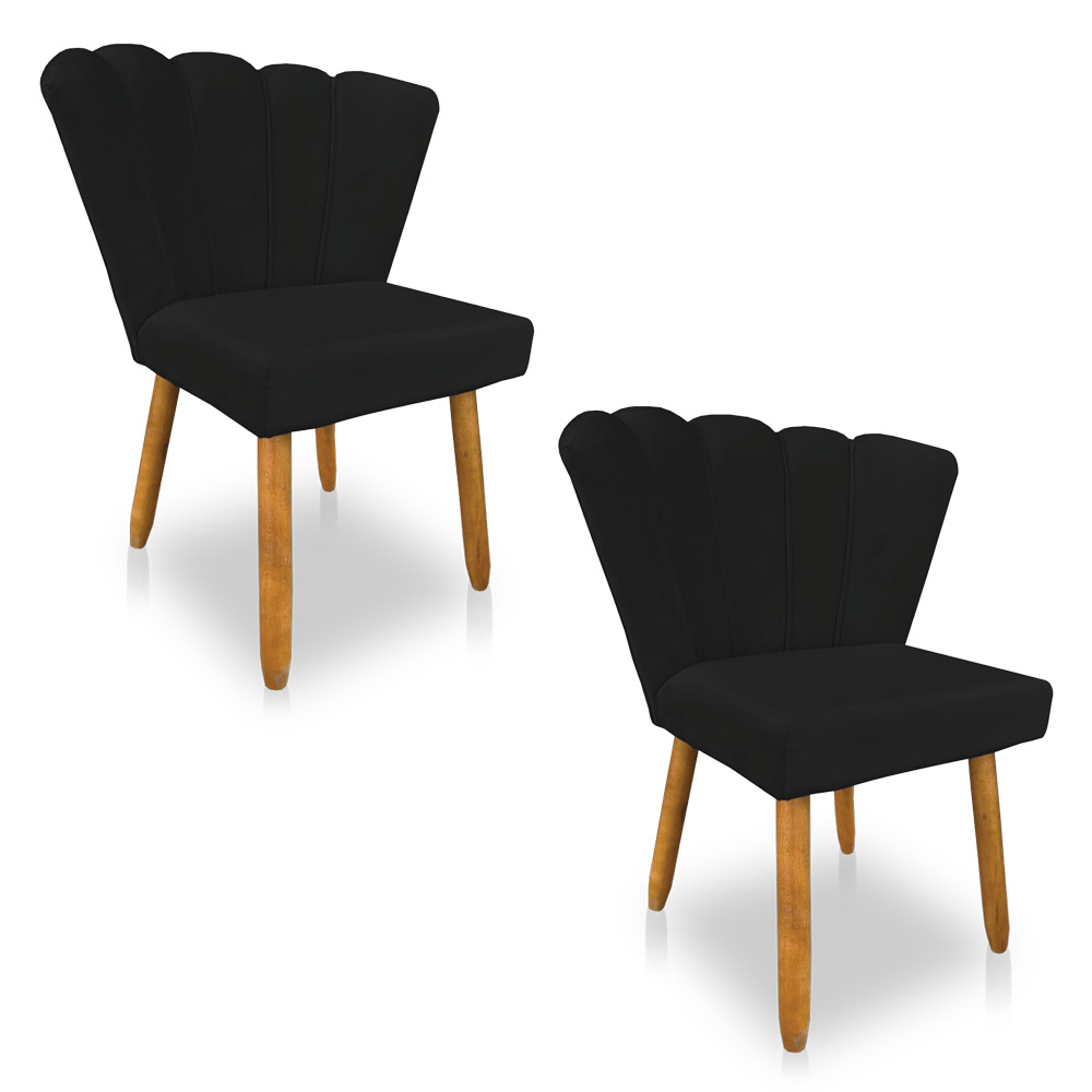 Kit 02 Cadeiras Poltrona Flor Veludo Preto Pés Palito Castanho - Pallazio