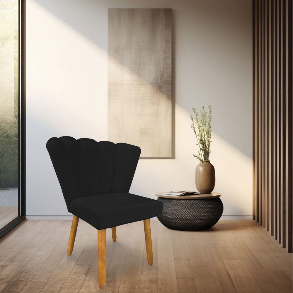 Kit 02 Cadeiras Poltrona Flor Veludo Preto Pés Palito Castanho - Pallazio