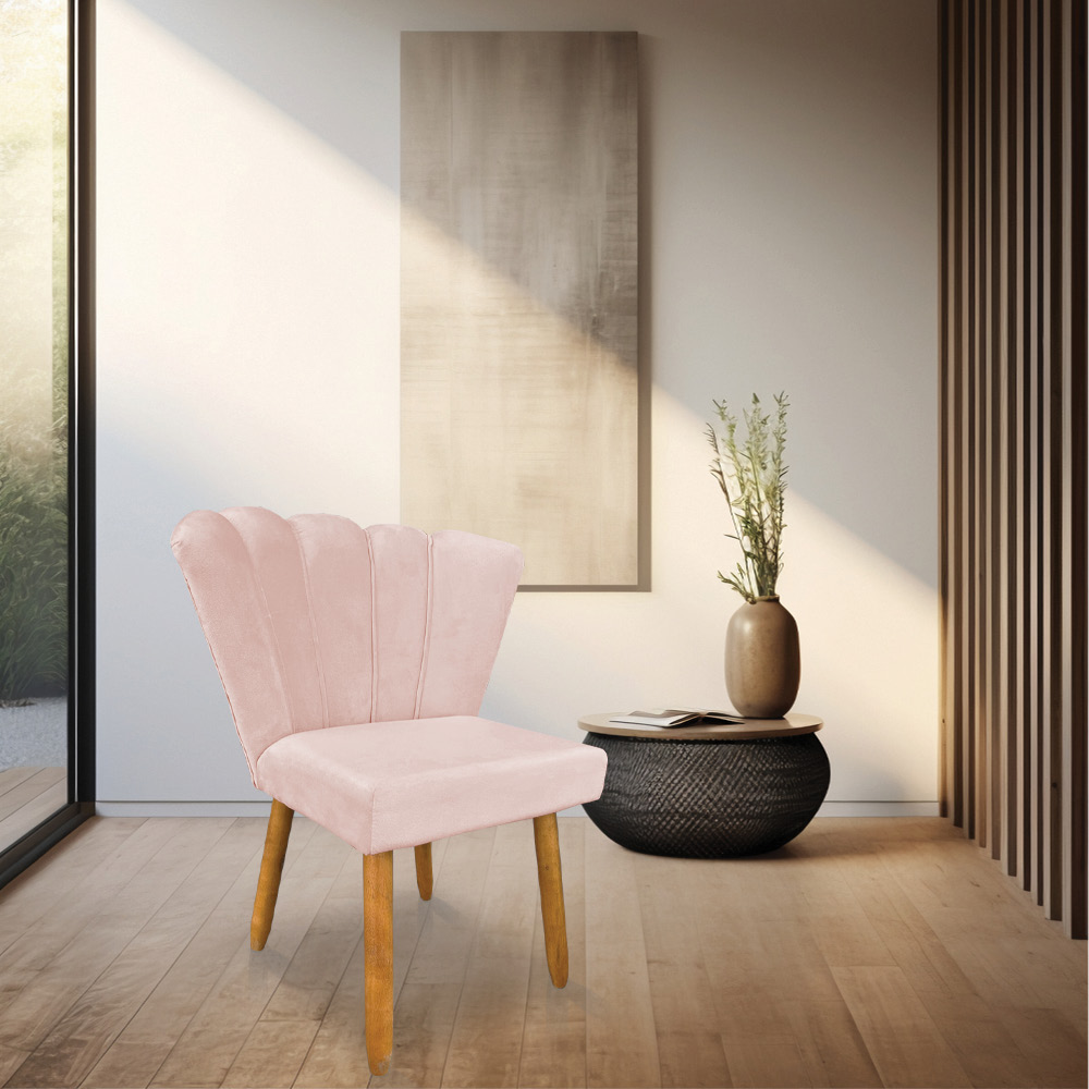 Kit 02 Cadeiras Poltrona Flor Veludo Rosa Bebê Pés Palito Castanho - Pallazio