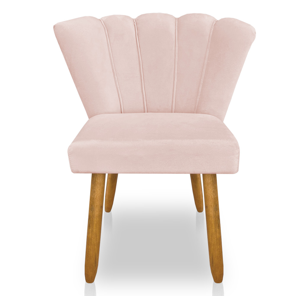 Kit 02 Cadeiras Poltrona Flor Veludo Rosa Bebê Pés Palito Castanho - Pallazio