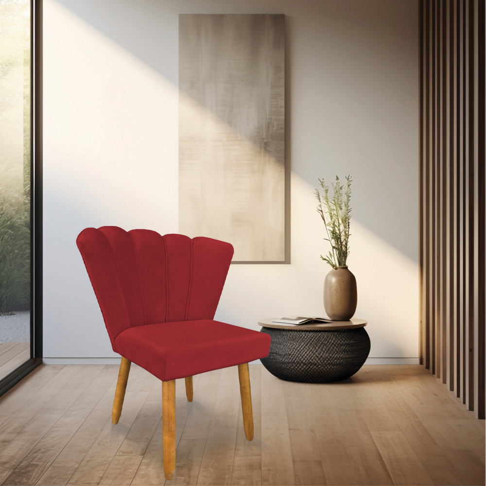 Kit 02 Cadeiras Poltrona Flor Veludo Vermelho Pés Palito Castanho - Pallazio