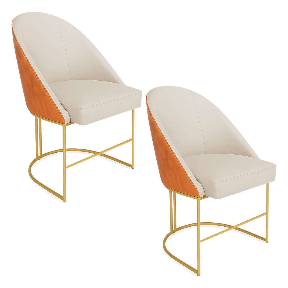 Kit 02 Cadeiras Poltrona de Jantar Bela Corano Nozes e Linho Bege Base Metálica Industrial Dourado - Pallazio