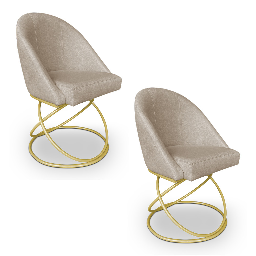 Kit 02 Cadeiras Poltrona de Jantar Bela Linho Bege Base Metálica Luxo Dourado - Pallazio