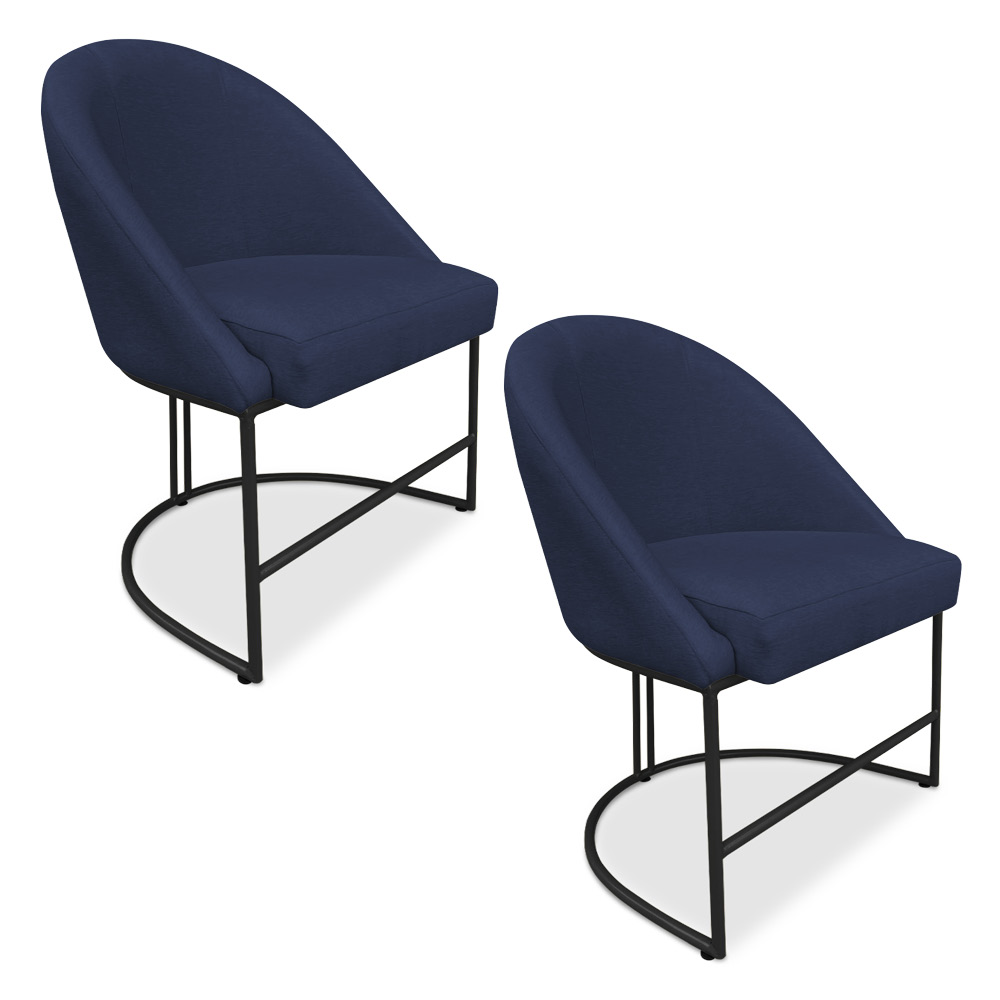 Kit 02 Cadeiras Poltrona de Jantar Bela Suede Azul Marinho Base Metálica Industrial Preto - Pallazio