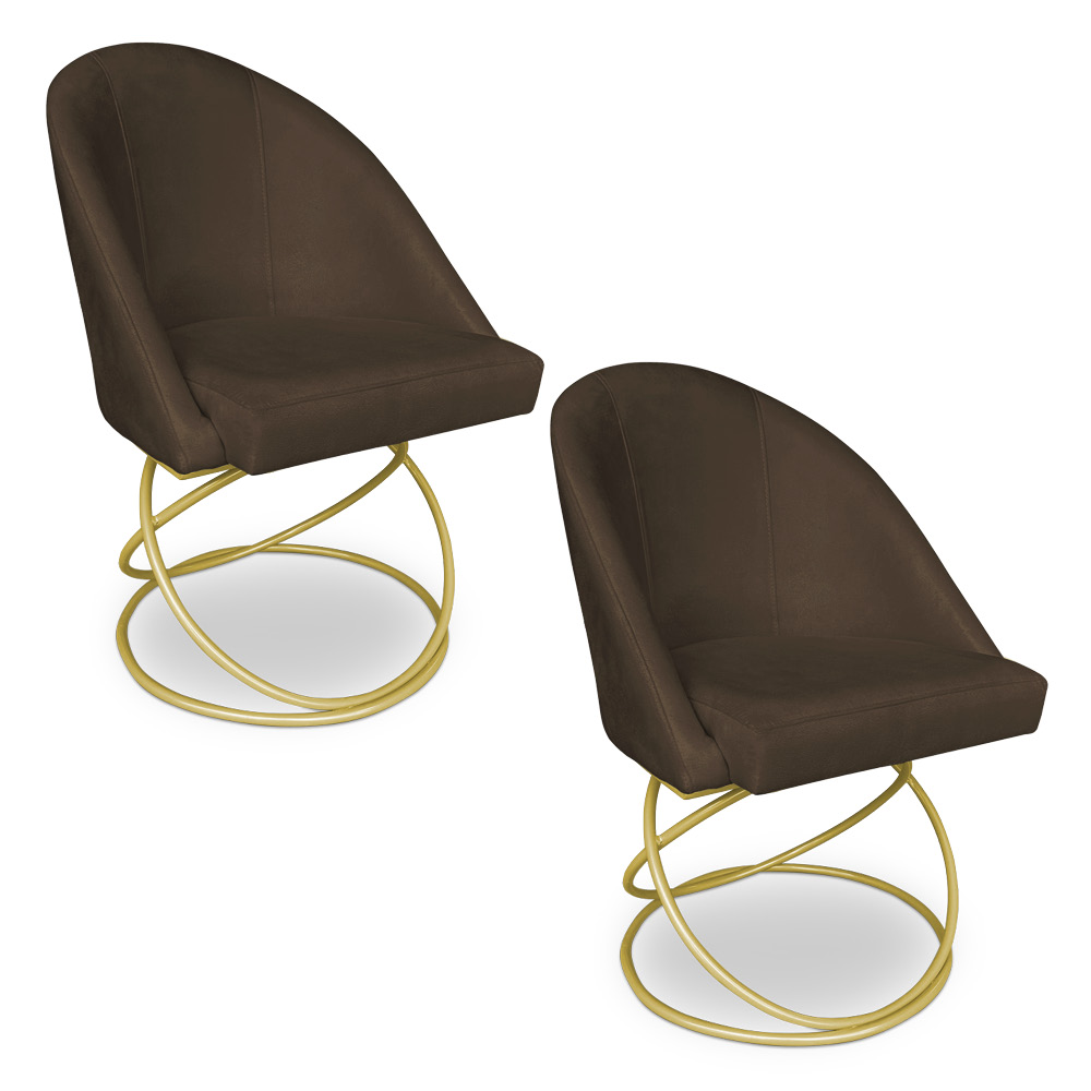 Kit 02 Cadeiras Poltrona de Jantar Bela Suede Marrom Base Metálica Luxo Dourado - Pallazio