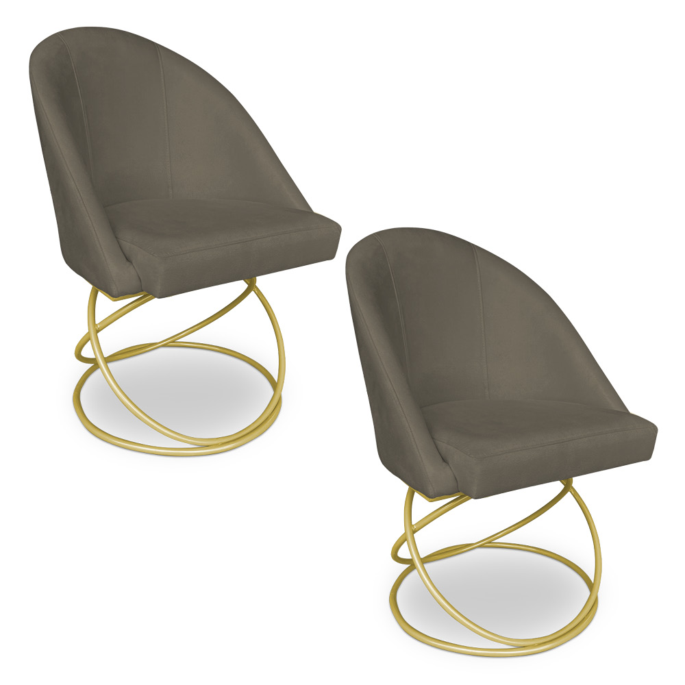 Kit 02 Cadeiras Poltrona de Jantar Bela Suede Marrom Rato Base Metálica Luxo Dourado - Pallazio