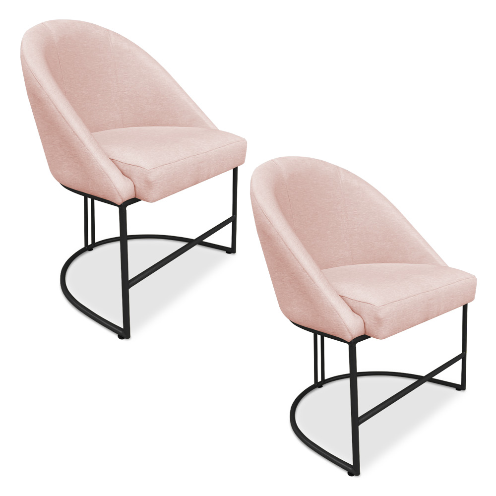 Kit 02 Cadeiras Poltrona de Jantar Bela Suede Rosa Bebê Base Metálica Industrial Preto - Pallazio