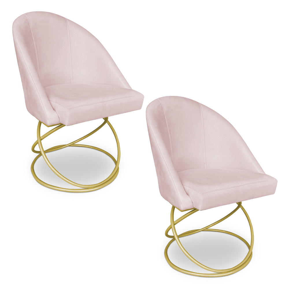Kit 02 Cadeiras Poltrona de Jantar Bela Suede Rosa Bebê Base Metálica Luxo Dourado - Pallazio