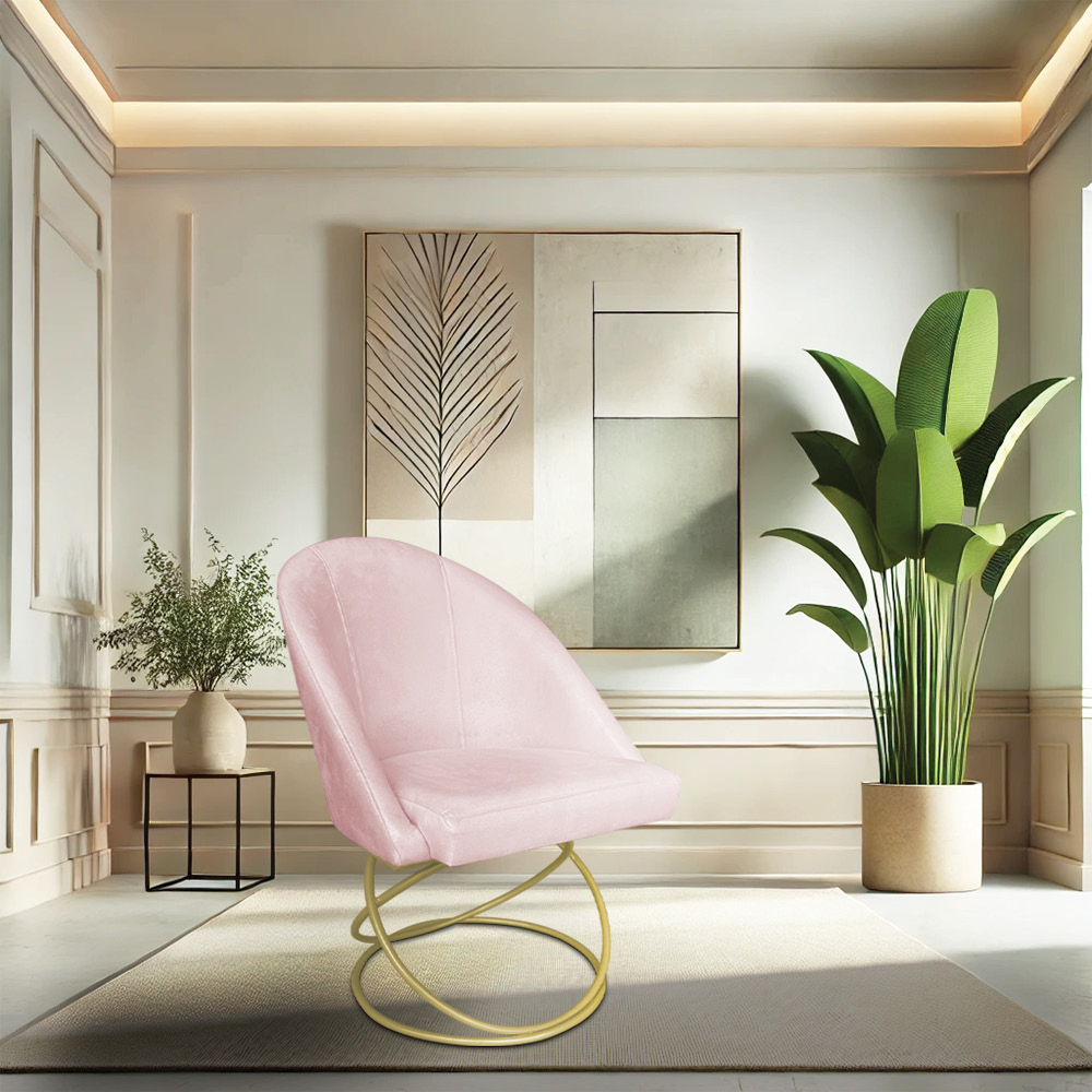 Kit 02 Cadeiras Poltrona de Jantar Bela Suede Rosa Bebê Base Metálica Luxo Dourado - Pallazio